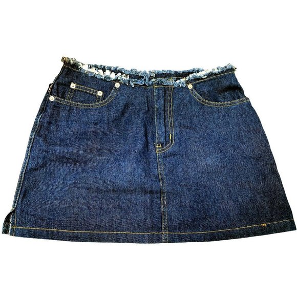 Buffalo David Bitton Mini Skirt 28 Denim Pockets Blue Raw Waistband Dark Wash - Picture 1 of 7